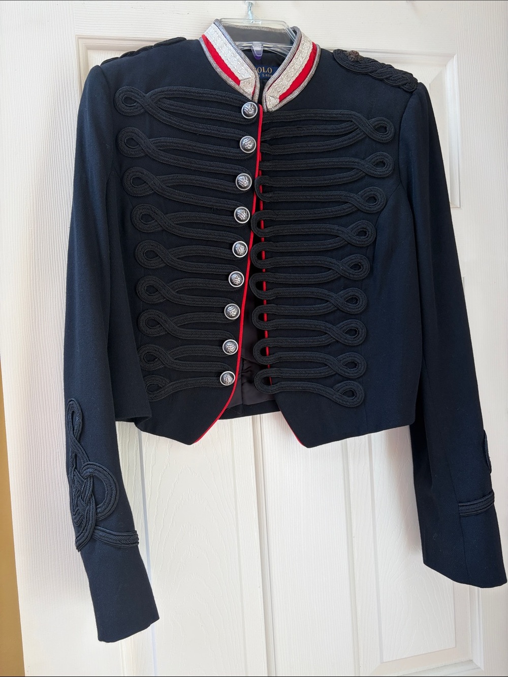 Polo by Ralph Lauren Black Military-Style Cropped Blazer with Red Trim - Picture 2 of 4